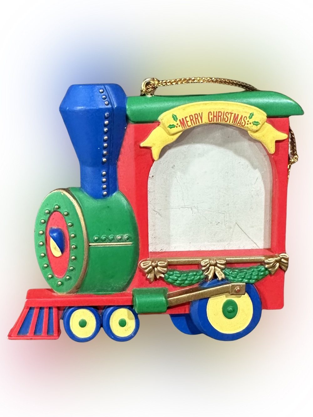 Vintage 1993 Merry Christmas Train Picture Frame Ornament Primary Colors